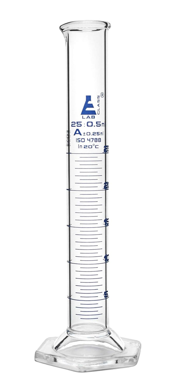 EISCO Graduated Cylinder, 25ml Class A Tolerance ±0.25ml, Hexagonal Base, Blue Graduations, Borosilicate Glass