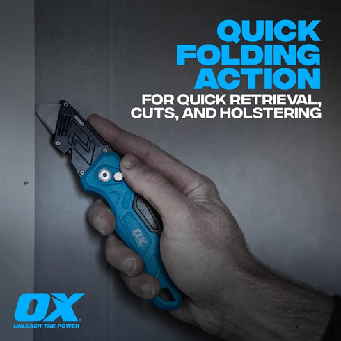 OX Tools Pro Heavy Duty Fixed Blade Folding Knife with Easy Change Blade Button - Quick Fold Action & Strong