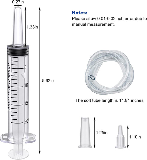 20 Pack 20ml Plastic Syringe Large Syringes Catheter Tip Sterile Individual Wrap with Tip Cap Adapter Soft Tube,Measurement for Scientific Labs,Measuring Liquids,Pet Feeding,Oil or Glue