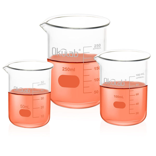 Glass Beaker Set, Low Form Graduated 3.3 Borosilicate Glass Beakers, Vol. 50, 100, 250mL for Lab