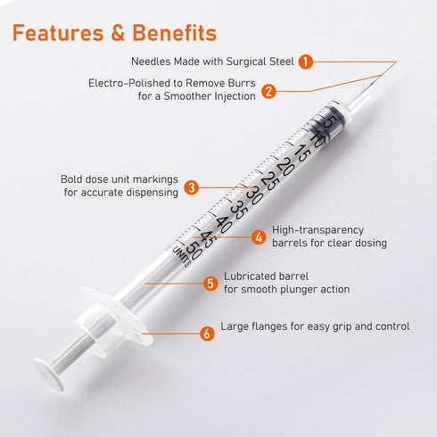U-100 1/2ml 31ga Disposable Syringe and 31G x 6 mm (1/4’’) Needle, Lab Dispensing Supplies, 100Pack