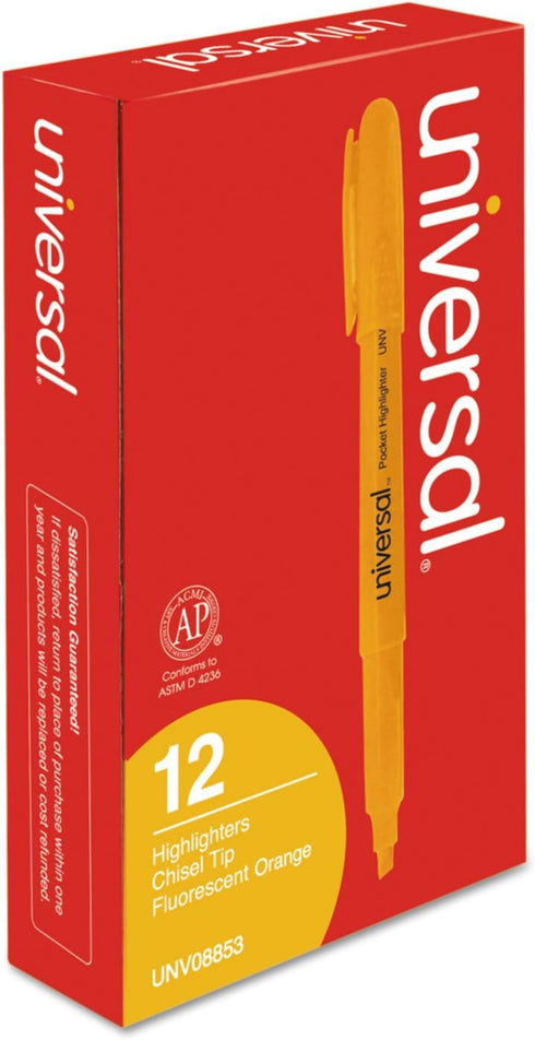Universal Pocket Highlighters, Fluorescent Orange Ink, Chisel Tip, Orange Barrel, Dozen
