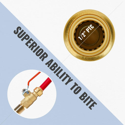 SUNGATOR 1/2 Inch PTC x 1/2 Inch FNPT Pushfit Female Ball Valve, No Lead Brass Plumbing Fittings, Pack of 2 with Clip