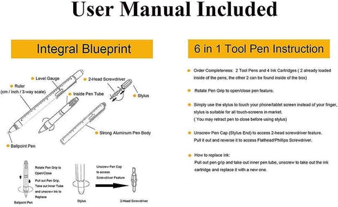 DUNBONG 6-in-1 Metal Multi Tool Pen - Stylus Pen, Screwdriver, Ballpoint Pen, Level, Ruler, 1-Count (Blue)
