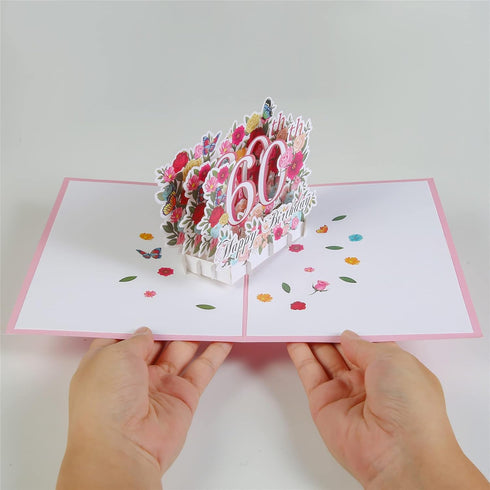 HOMANGA 60th Birthday Pop Up Card - Happy 60th Birthday Greeting Card for Her, Women, Wife, with Blank Note and Envelope