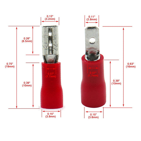Baomain 0.11" Female & Male Spade Connectors - 22-16 AWG Insulated Crimp Terminals Quick Disconnect Electrical Wire