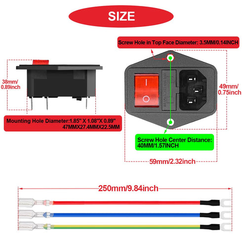 3Pcs AC 10A 15A 250V Rocker Switch Power Socket Inlet Module Plug, IEC320 C14 10A Male Power Switch