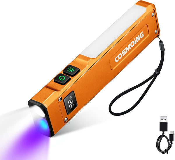 COSMOING Rechargeable EDC Flashlight, 1800 Lumens Flat Flashlight 9 Mode with White LED/UV/RGB