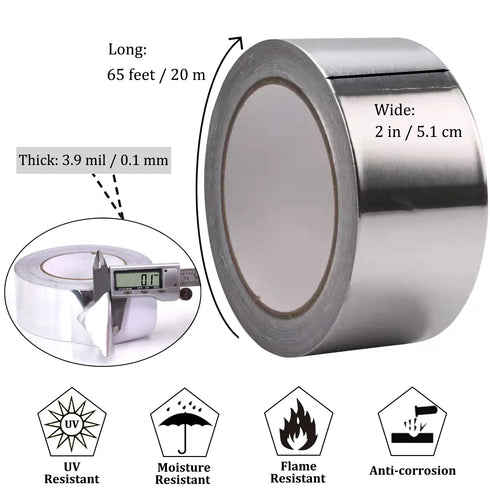 Duct Tape Heavy Duty Waterproof, Premium Aluminum Foil Tape (2"*65Feet,3.9mil), Silver Metal Patch & Seal Tape, High Temperature, Insulation Adhesive for Ductwork, Sealing, Sealant, HVAC, Dryer Vents