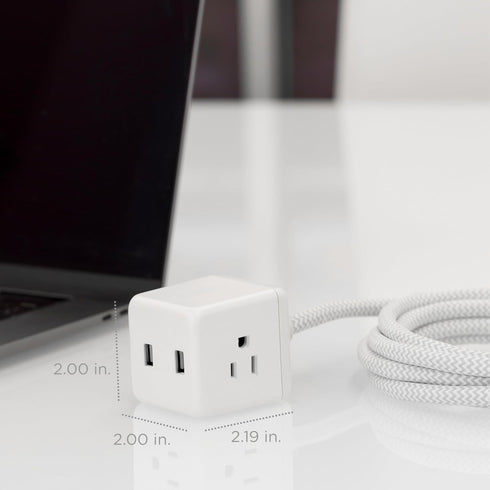 Cordinate Cube Extension Cord, 5 Ft, 3-Outlet Flat Plug, 3 Prong, 2 USB Ports, Braided, Gray/White, 55355