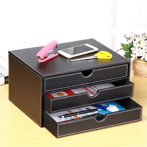 Leather Desk Organizer with 3 Drawers, Executive A4 File Cabinet for Office Supplies and Home Decor
