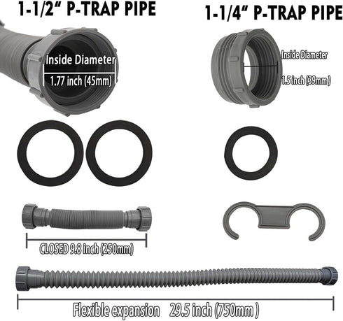 Flexible P-Trap 1-1/2" (Grey) with 1-1/4" Adapter, Female Nut for Kitchen Sink Drain, Variable Height