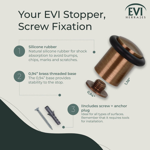 EVI Hardware Door Stop, Threaded Base, Natural Silicone Rubber, Brass, Includes Screw + Fixing Plug, Mod. I-108