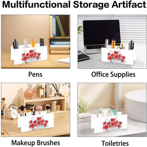 Ainavmxzs 4 Cute Red Hearts Acrylic Makeup Cup Holder With Compartments Makeup Brush Holder Organizer Brush Storage Bar