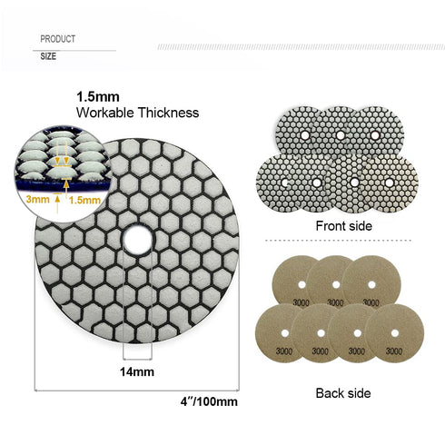 SHDIATOOL 7Pcs 4 Inch Dry Diamond Polishing Pads, Grit 3000 for Granite Marble Stone Sanding Disc