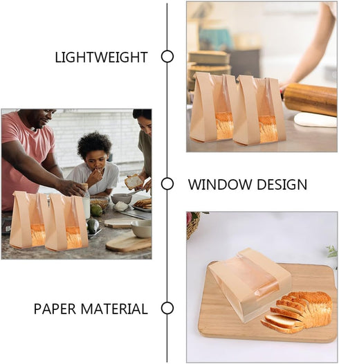 ARTSEWPLY 100pcs 250g Packaging Kraft Paper Bread Bags with Window, Baking Sandwich Pouches for Toast, Cookies