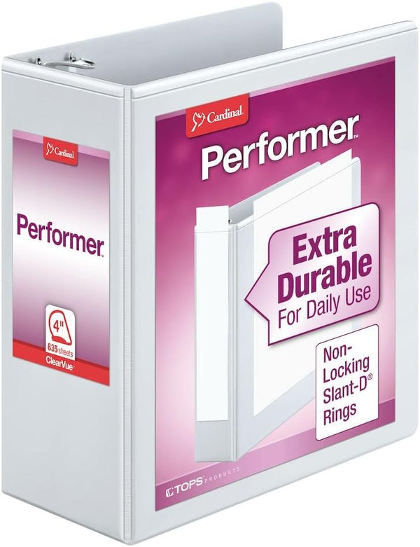 Cardinal 17810 Performer ClearVue Slant-D Ring Binder, 4-Inch Capacity, 11 x 8 1/2, White