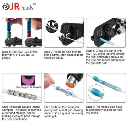JRready ST6385-16-50 MiniSeal Crimp Splices, 50 Sets Blue Butt Splice Connectors for Wire-to-Wire Splicing