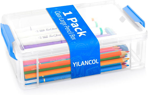 Extra Large Clear Pencil Box for Crayons, Markers, Art Supplies, Plastic Hard