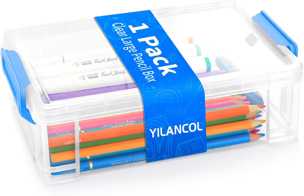 Extra Large Clear Pencil Box for Crayons, Markers, Art Supplies, Plastic Hard