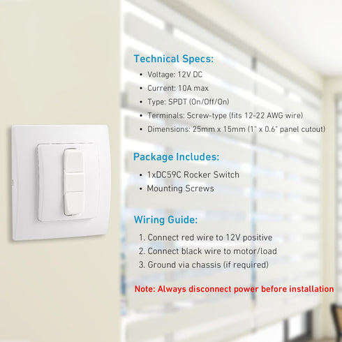 AUDEEKON 12V DC59C 12V Switch for Roller Blinds - Single Pole On/Off Control - Compatible with RV Blinds, Roller
