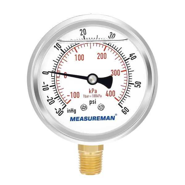 MEASUREMAN 2-1/2" Dial Glycerin Filled Pressure Gauge, 30inHG-60psi, 304 Stainless Steel Case