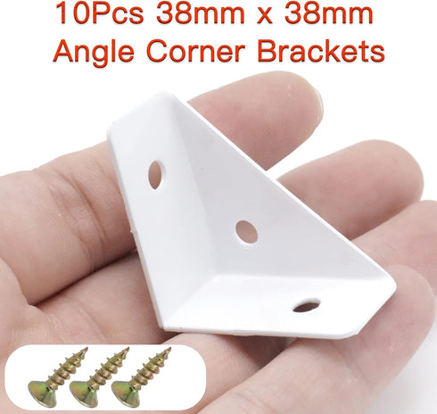 Joyangy 10Pcs 38x38mm 1.5x1.5inch 90 White Right Angle Corner Shelf Bracket, Metal Corner Brackets for Wood Desk Bed
