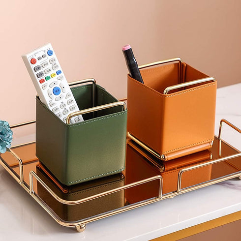 Leather Pencil Holder Desktop Organizer, Iron Art Storage Box for Makeup Brushes and Office Supplies in Pink