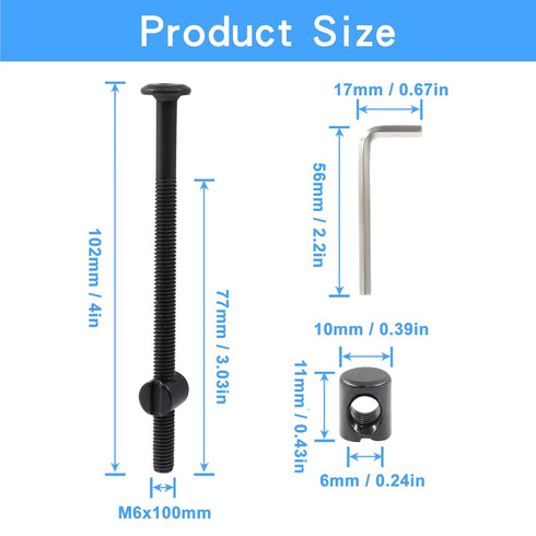 Murtenze 12-Pack M6 100mm 1 X Bunk Bed Bolts Black, Hex Drive Socket Furniture Barrel Screws with Nuts for Furniture