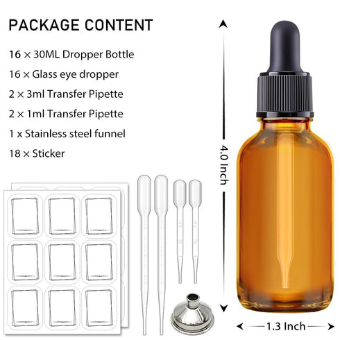 16 Pack 1oz Amber Glass Tincture Bottles with Dropper, Leakproof with Stainless Steel Funnel, Pipettes & Labels