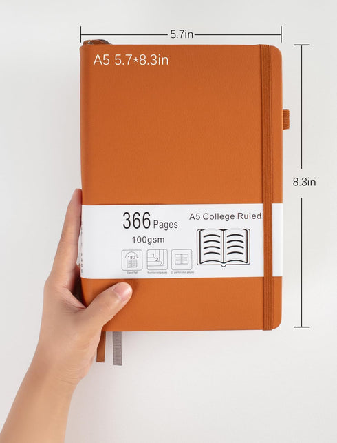 Thick College Ruled Notebook, 366 Numbered Pages, A5 Journal for Writing, 100GSM Lined Paper, Hardcover Leather