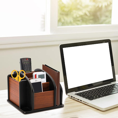 DEAYOU Wood Remote Control Holder, Revolving Desktop Organizer for Pen, Pencil, Mail, Home, Office