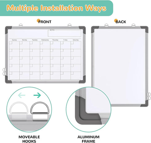 Small Monthly Calendar Dry Erase Whiteboard, 16" x 12" - Magnetic Hanging Double-Sided Board for Home, Office, Planning