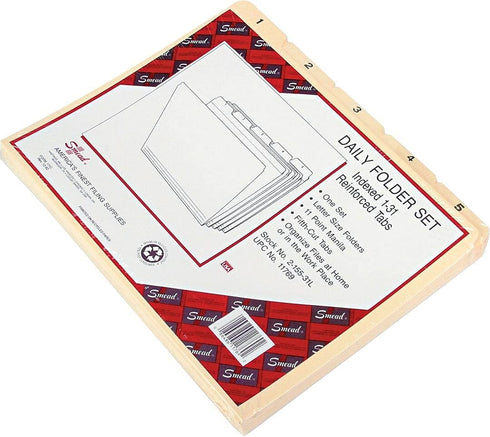 Smead Indexed File Folders, Daily, Indexed 1-31, 1/5-Cut Tab, Assorted Positions, Manila, Letter, 1 Set of 31 (11769)