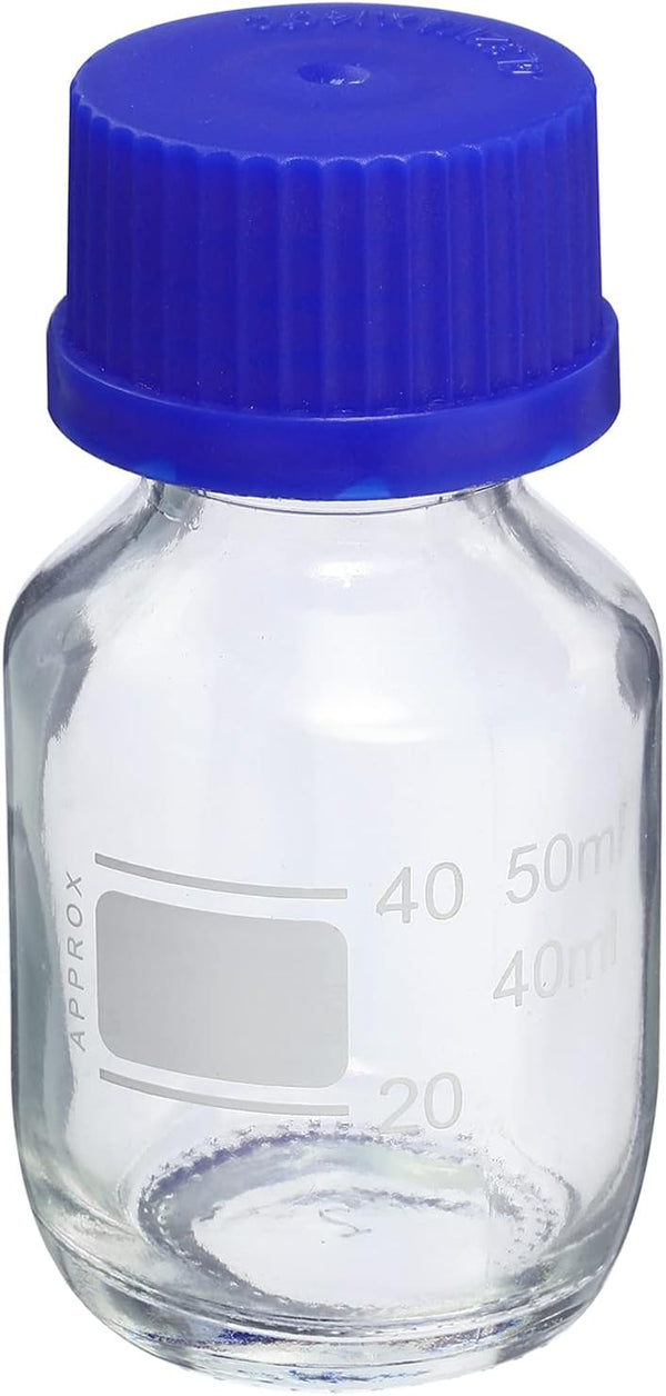 PATIKIL 50mL Reagent Media Bottle, 1Pcs Round Graduated Glass Storage Bottle with Blue Screw Cap