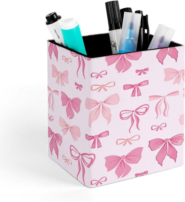 DOHTDGT Pink Bow Tie PU Leather Pen Holder for Desk, Pencil Cup Makeup