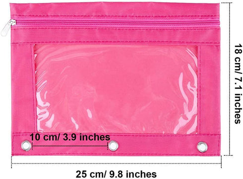 Zippered Binder Fabric Pencil Pouch, 3 Rings with Clear Window, 8 pack, Multicolor