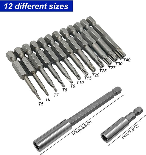12 Pcs Torx Head Screwdriver Bit Set + 2 Sizes Magnetic Drill Bit Extension Holder, 1/4" Hex Shank S2 Security Tamper Proof Screw Driver Kit Tools, 6 Point Star Drill Bit T5-T40 2 Inch / 50mm Length