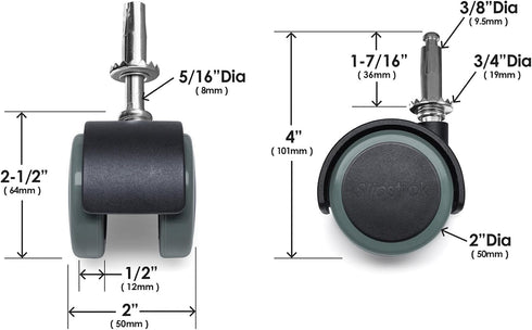 Slipstick CB681 Rubber Caster Wheels, 2 Inch Floor Protector, Set of 4, Black/Gray Green