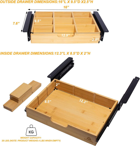 Under Desk Bamboo Drawer with U-Shaped Hollow Panel, Adjustable Space Storage Organizer for Sit Stand Workstation