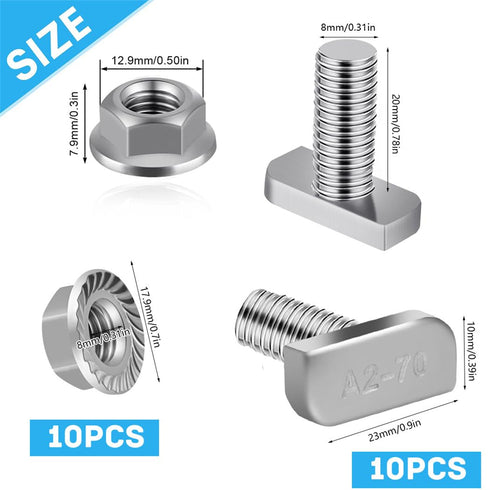 T Bolt Set M8x20mm T Slot Drop-in Bolt, Hammer Head Bolts with 10 Pcs Hexagon Flange Nuts for Aluminum Extrusion