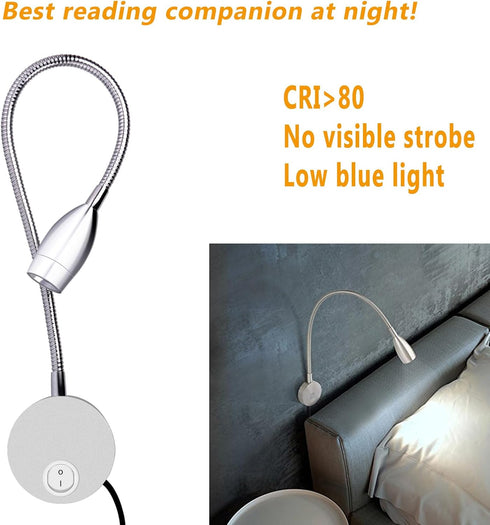 ALLDIO (3W, Plug in Wall Sconce, Wall Mount Book Lights for Reading in Bed, Minimalist LED Bedside Reading Lamp