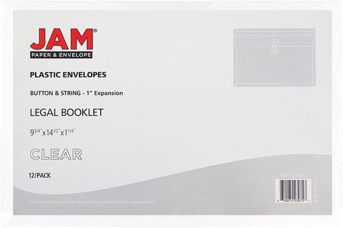 JAM PAPER Clear Plastic Envelopes with Button & String Tie Closure, Legal Booklet, 12/Pack