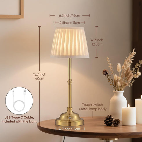 YIEONSHION Dimmable Portables Cordless Table Lamp, Fabric Shade Desk Lamp, Rechargeable Battery Powered Lighting, Light