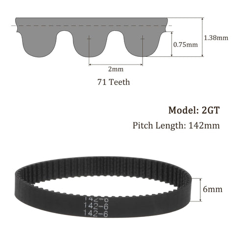 142-2GT-6 Rubber Timing Belt: 6mm Width, 142mm Pitch Length, Closed Loop for 3D Printers, 71 Teeth