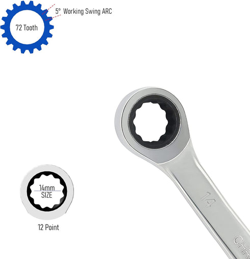 Double Box End Ratcheting Wrench, 14mm x 17mm Metric 72 Teeth 12 Point Ratchet Gear Spanner Tools