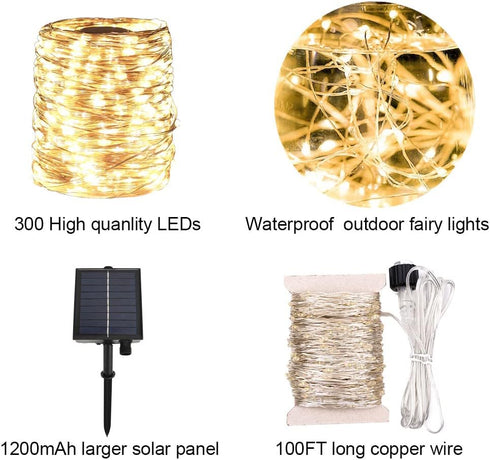 Solar String Lights Outdoor, 100FT 300 LEDs Waterproof Fairy Lights, 8 Modes for Patio Gardens Backyard Wedding