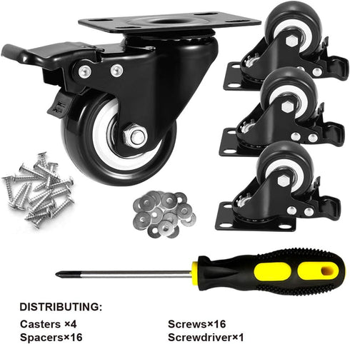 2" Caster Wheels Set of 4, Heavy Duty Casters with Brake, No Noise Locking Polyurethane (PU) Wheels, Swivel Plate Castors Pack 4