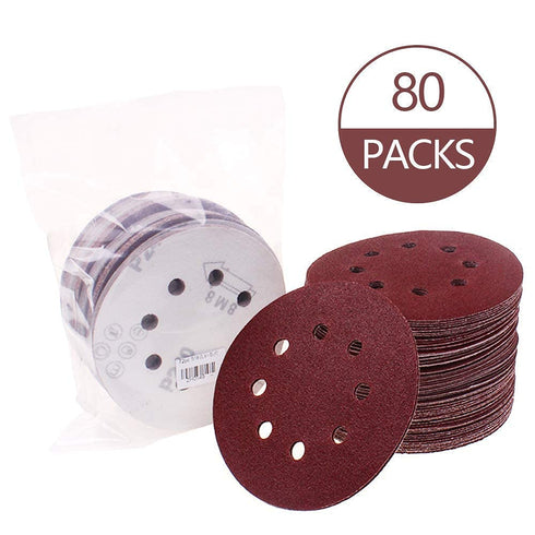 80 Pack 5 inch Sanding Discs Kit, 8 Hole Sander for Drill, Hook and Loop Plate, Various Grit Sandpaper Abrasive Tool