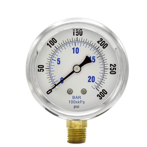 PIC Gauges PRO-201L-254H Industrial Pressure Gauge, Bottom Mount, 2.5" Dial, 0/300 psi Range, Glycerin Filled